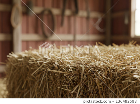 Close-up macro shot of a dry hay bale texture with sharp details in the foreground 136492598
