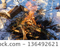 Inviting winter bonfire with crackling flames in snowy landscape and people around. 136492621