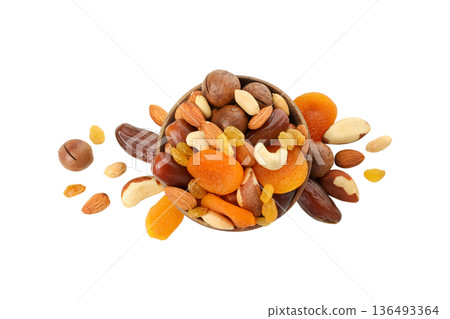 Bowl of nuts and dried fruits on a white surface, PNG Bowl of nuts and dried fruits on a white surface, PNG 136493364