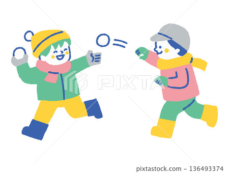 Children enjoying a snowball fight in winter_Color Children enjoying a snowball fight in winter_Color 136493374