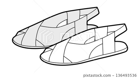 Fisherman sandal shoe women sketch pair. Cage strap flat sandal for casual summer outfit beach walk. Technical Fisherman sandal shoe women sketch pair. Cage strap flat sandal for casual summer outfit beach walk. Technical 136493536