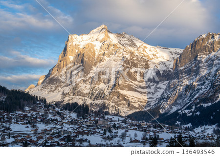Wetterhorn Mountain and Grindelwald Town in Winter. Switzerland Wetterhorn Mountain and Grindelwald Town in Winter. Switzerland 136493546