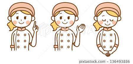 麵包店女店員指點、引導、鞠躬 | 顧客服務、店員、微笑 136493886