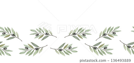Olive branch horizontal watercolor seamless border isolated on white. Illustration perfect for Christian design, Lent season, devotion projects, religious layouts. Symbol of peace, spiritual renewal. 136493889