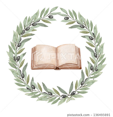 Watercolor olive wreath with open vintage book in center, hand painted illustration isolated on white background, Christian symbol of faith, scripture, knowledge for church design, education themes Watercolor olive wreath with open vintage book in center, hand painted illustration isolated on white background, Christian symbol of faith, scripture, knowledge for church design, education themes 136493891
