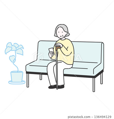 Illustration of an elderly woman sitting in a waiting room and waiting for her turn 136494129