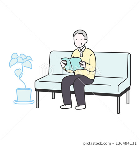 Illustration of an elderly man reading a book while waiting for his turn in the waiting room 136494131