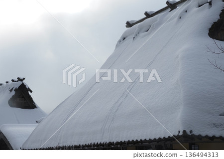 Snow on a thatched roof 136494313