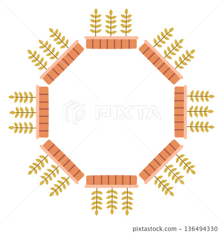 Cute circular frame made of potted plants with green plants. Flat hand drawn vector illustration isolated on white background, ideal for gardening designs, templates, seasonal decor, and eco branding Cute circular frame made of potted plants with green plants. Flat hand drawn vector illustration isolated on white background, ideal for gardening designs, templates, seasonal decor, and eco branding 136494330