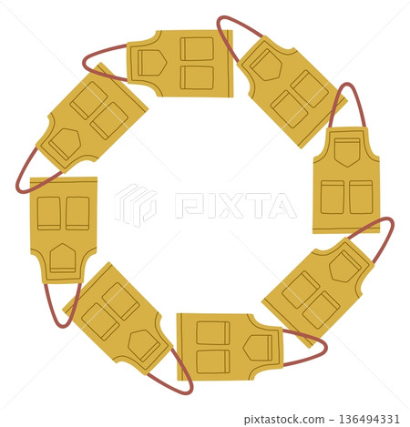 Circular frame made of gardening aprons in warm mustard tones. Cute flat vector wreath isolated on white background, ideal for gardening themes, seasonal designs, eco projects, and craft branding Circular frame made of gardening aprons in warm mustard tones. Cute flat vector wreath isolated on white background, ideal for gardening themes, seasonal designs, eco projects, and craft branding 136494331
