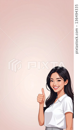 直版素材：一位女性豎起大拇指的插畫。人工智慧生成素材。 136494335