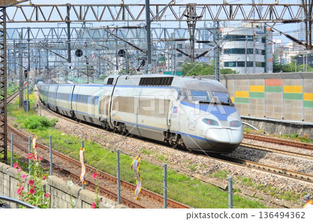 Korea Railroad Corporation KORAIL High-speed train KTX running Korea Railroad Corporation KORAIL High-speed train KTX running 136494362