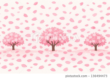 A pattern background of cherry blossom trees and petals that gives a feeling of spring, a gentle atmosphere of cherry blossom trees illustration background, cherry blossoms drawn in pale pink 136494473