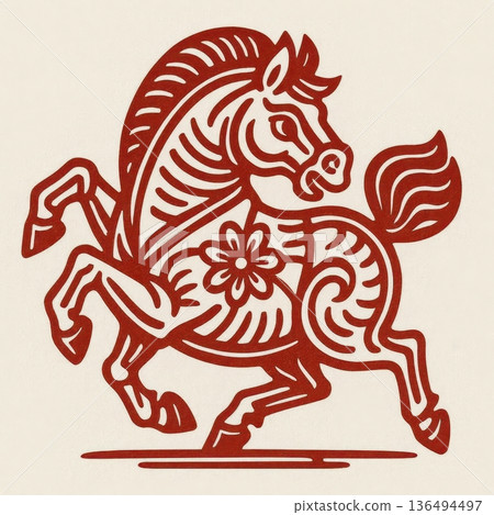 Red Chinese paper-cut horse illustration isolated on white background, zodiac Year of the Horse symbol for Lunar New Year decoration 136494497