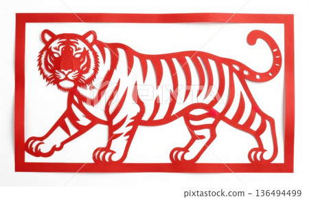 Traditional Chinese Red Paper Cut Art of Powerful Zodiac Tiger in Motion. Traditional Chinese Red Paper Cut Art of Powerful Zodiac Tiger in Motion. 136494499
