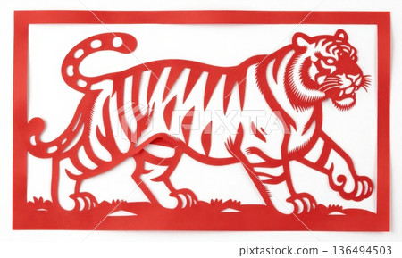Traditional Chinese Red Paper Cut Art of Powerful Zodiac Tiger in Motion. Traditional Chinese Red Paper Cut Art of Powerful Zodiac Tiger in Motion. 136494503