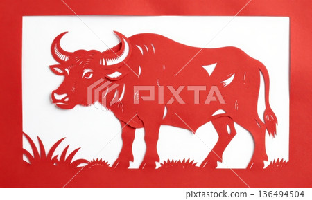 Traditional Chinese Red Paper Cut Art of Majestic Zodiac Ox with Horns and Grass. 136494504