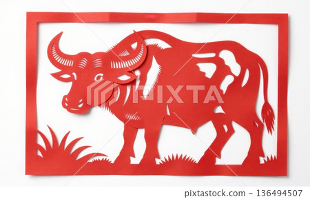 Traditional Chinese Red Paper Cut Art of Majestic Zodiac Ox with Horns and Grass. Traditional Chinese Red Paper Cut Art of Majestic Zodiac Ox with Horns and Grass. 136494507