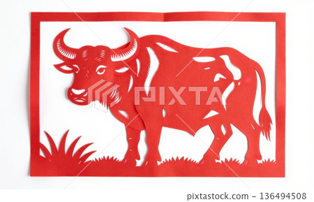 Traditional Chinese Red Paper Cut Art of Majestic Zodiac Ox with Horns and Grass. 136494508