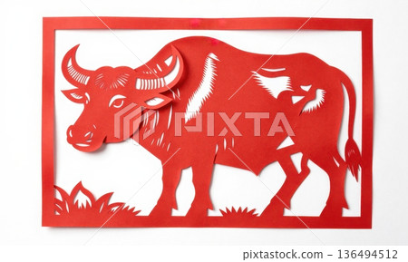Traditional Chinese Red Paper Cut Art of Majestic Zodiac Ox with Horns and Grass. Traditional Chinese Red Paper Cut Art of Majestic Zodiac Ox with Horns and Grass. 136494512