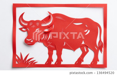 Traditional Chinese Red Paper Cut Art of Majestic Zodiac Ox with Horns and Grass. Traditional Chinese Red Paper Cut Art of Majestic Zodiac Ox with Horns and Grass. 136494520