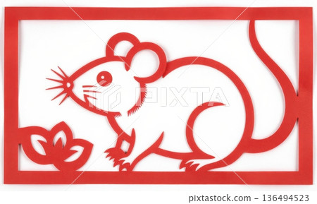 traditional Chinese Red Paper Cut Art of Zodiac Rat in Ornate Frame. 136494523