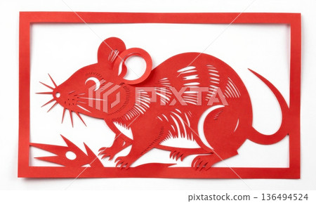 traditional Chinese Red Paper Cut Art of Zodiac Rat in Ornate Frame. 136494524