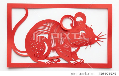 traditional Chinese Red Paper Cut Art of Zodiac Rat in Ornate Frame. traditional Chinese Red Paper Cut Art of Zodiac Rat in Ornate Frame. 136494525