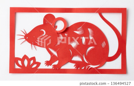 traditional Chinese Red Paper Cut Art of Zodiac Rat in Ornate Frame. 136494527