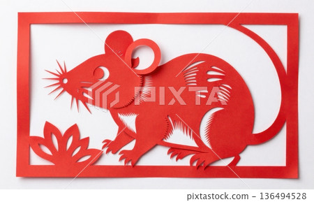 traditional Chinese Red Paper Cut Art of Zodiac Rat in Ornate Frame. 136494528
