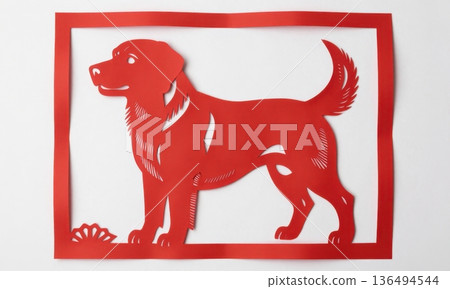 Traditional Chinese Red Paper Cut Art of Zodiac Dog with Auspicious Clouds. 136494544