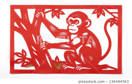 Traditional Chinese Red Paper Cut Art of Zodiac Monkey Climbing Tree. Traditional Chinese Red Paper Cut Art of Zodiac Monkey Climbing Tree. 136494563