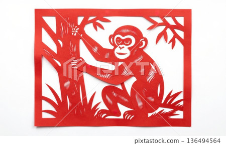 Traditional Chinese Red Paper Cut Art of Zodiac Monkey Climbing Tree. Traditional Chinese Red Paper Cut Art of Zodiac Monkey Climbing Tree. 136494564