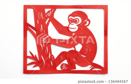 Traditional Chinese Red Paper Cut Art of Zodiac Monkey Climbing Tree. Traditional Chinese Red Paper Cut Art of Zodiac Monkey Climbing Tree. 136494567