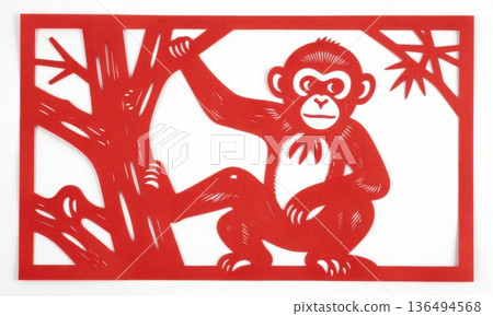 Traditional Chinese Red Paper Cut Art of Zodiac Monkey Climbing Tree. 136494568