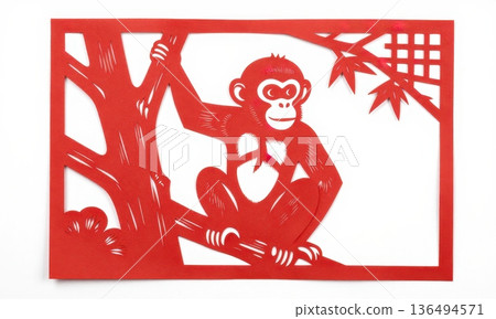 Traditional Chinese Red Paper Cut Art of Zodiac Monkey Climbing Tree. 136494571