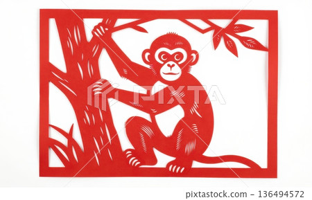 Traditional Chinese Red Paper Cut Art of Zodiac Monkey Climbing Tree. 136494572