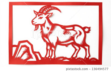 Traditional Chinese paper cutting art of red goat with mountain and clouds, symbol for Zodiac Year of the Sheep or Ram, Lunar New Year decoration. Traditional Chinese paper cutting art of red goat with mountain and clouds, symbol for Zodiac Year of the Sheep or Ram, Lunar New Year decoration. 136494577