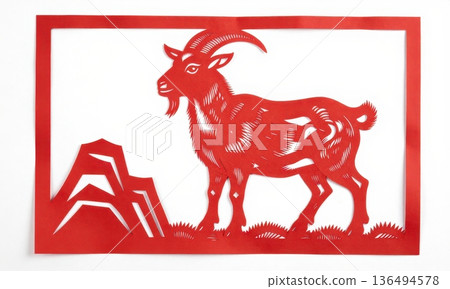 Traditional Chinese paper cutting art of red goat with mountain and clouds, symbol for Zodiac Year of the Sheep or Ram, Lunar New Year decoration. Traditional Chinese paper cutting art of red goat with mountain and clouds, symbol for Zodiac Year of the Sheep or Ram, Lunar New Year decoration. 136494578