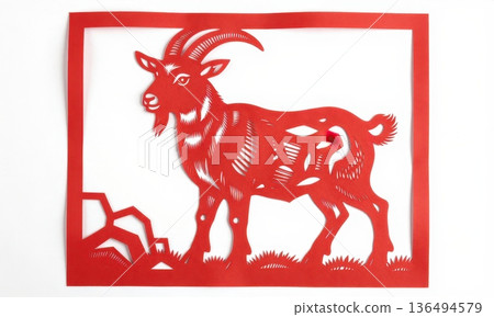 Traditional Chinese paper cutting art of red goat with mountain and clouds, symbol for Zodiac Year of the Sheep or Ram, Lunar New Year decoration. Traditional Chinese paper cutting art of red goat with mountain and clouds, symbol for Zodiac Year of the Sheep or Ram, Lunar New Year decoration. 136494579