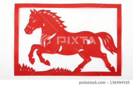 Red Chinese paper-cut horse illustration isolated on white background, zodiac Year of the Horse symbol for Lunar New Year decoration Red Chinese paper-cut horse illustration isolated on white background, zodiac Year of the Horse symbol for Lunar New Year decoration 136494585