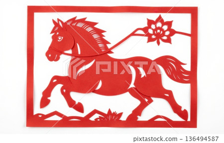 Red Chinese paper-cut horse illustration isolated on white background, zodiac Year of the Horse symbol for Lunar New Year decoration Red Chinese paper-cut horse illustration isolated on white background, zodiac Year of the Horse symbol for Lunar New Year decoration 136494587