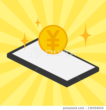 Cashless image of a concentrated line background, smartphone, and Japanese yen coin 136494648