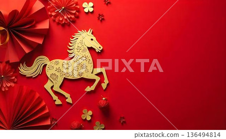 Festive Chinese New Year backdrop with a paper horse and red lanterns, celebrating the Year of the Horse and cultural elements Festive Chinese New Year backdrop with a paper horse and red lanterns, celebrating the Year of the Horse and cultural elements 136494814