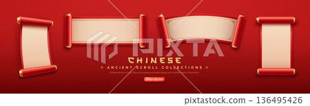 Chinese ancient scrolls collections design, red and gold deisgn template mockup Chinese ancient scrolls collections design, red and gold deisgn template mockup 136495426