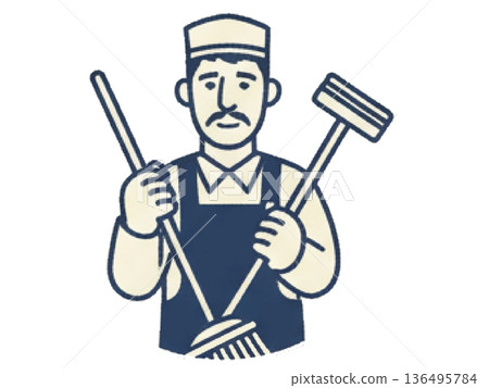 一位拿著清潔工具的老人 一位拿著清潔工具的老人 136495784