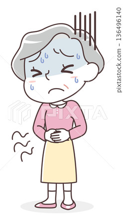 Illustration of a senior woman suffering from stomach pain and gastrointestinal problems (food poisoning, stress, constipation, diarrhea) Illustration of a senior woman suffering from stomach pain and gastrointestinal problems (food poisoning, stress, constipation, diarrhea) 136496140