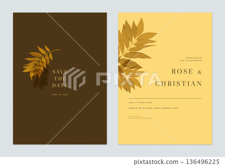 Minimalist foliage wedding invitation card template design, green leaves on brown and yellow Minimalist foliage wedding invitation card template design, green leaves on brown and yellow 136496225