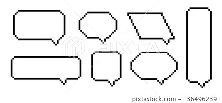 Black pixel text dialog boxes. Empty pixelated frame collection. Retro 8 bit shape pack for speach box, chat bubble, message cloud, communication dialog, talk balloon. Vector pixelated border bundle Black pixel text dialog boxes. Empty pixelated frame collection. Retro 8 bit shape pack for speach box, chat bubble, message cloud, communication dialog, talk balloon. Vector pixelated border bundle 136496239