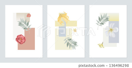 Botany poster template design, various flowers and leaves with geometric shapes 136496298